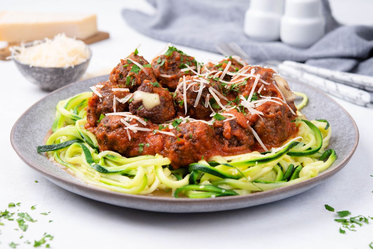 Best Keto Italian Mozzarella-Stuffed Meatballs with Tomato Sauce and Garlic Zoodles