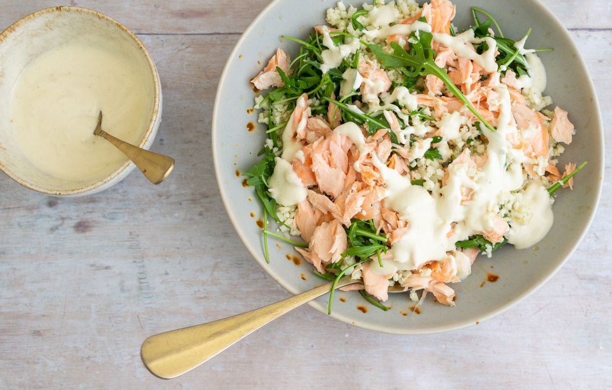 Keto Salmon and Rice Salad with Tahini Dressing
