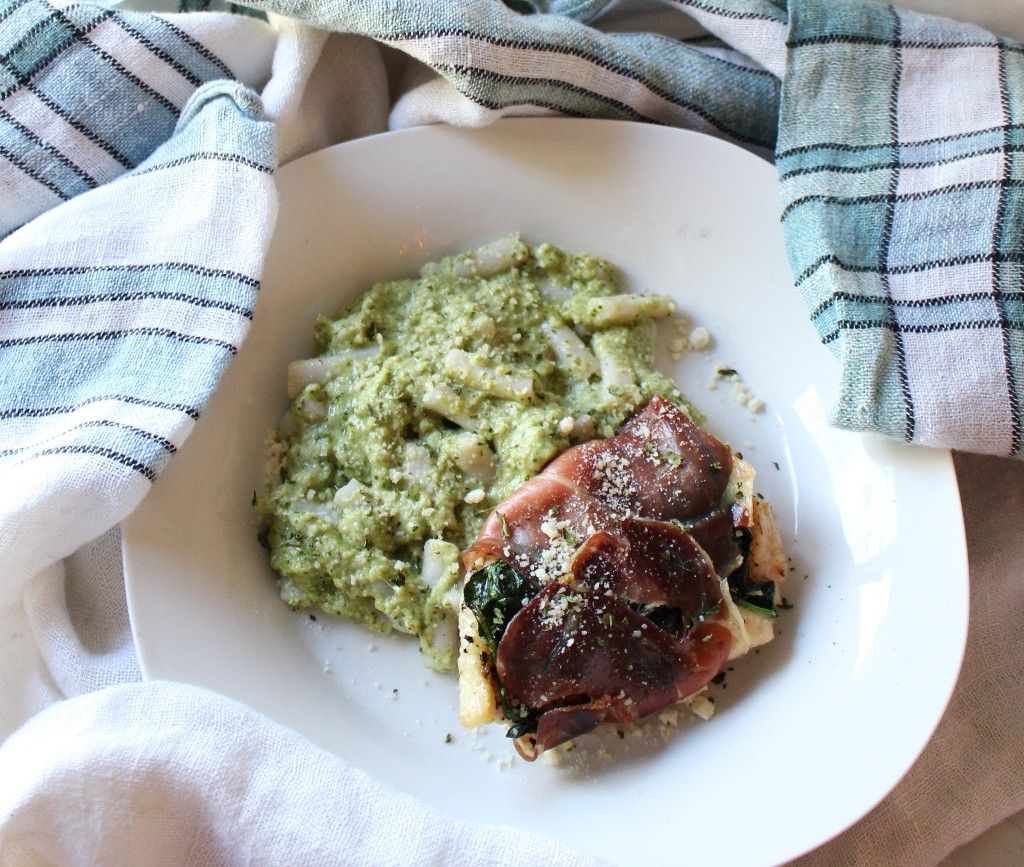 Low Carb Prosciutto Wrapped Chicken and Spinach w Pesto Macaroni