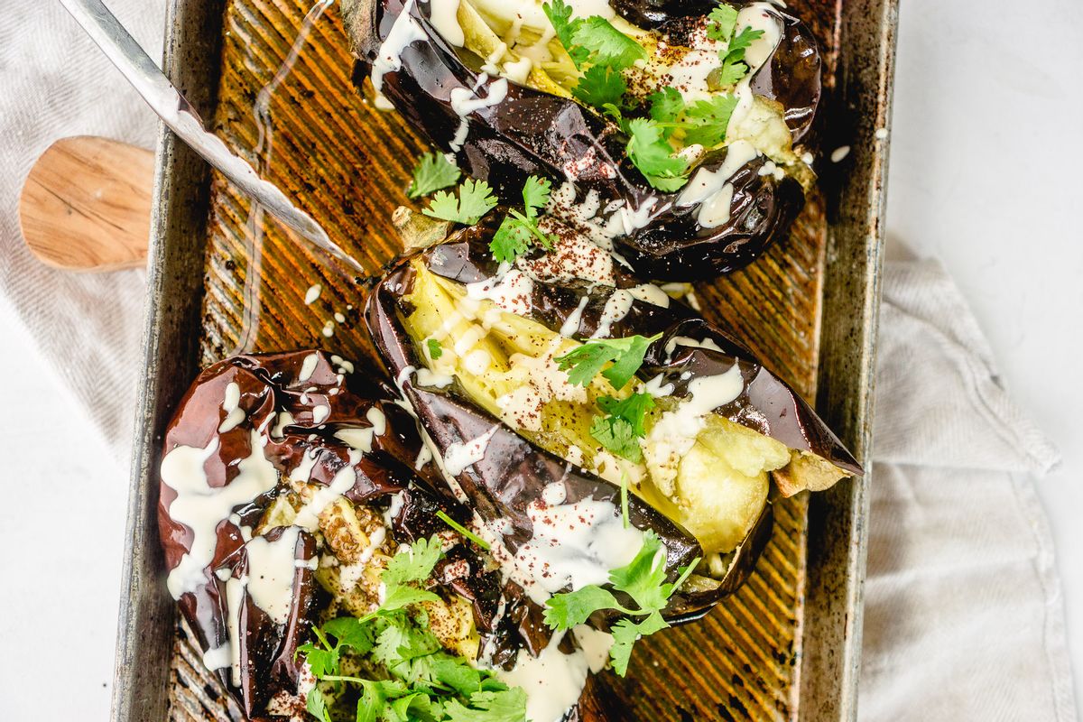Low Carb Grilled Eggplant With Creamy Garlic Tahini Dressing