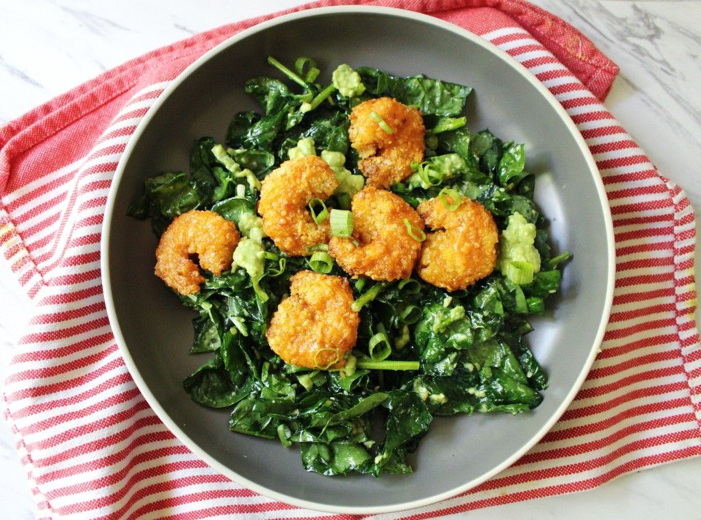 Low Carb Air Fryer Coconut Shrimp w Avocado-Lime Spinach Salad