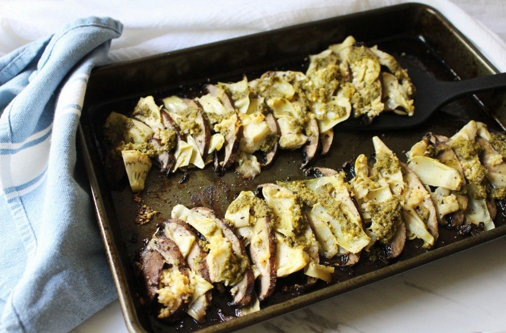 Keto Pesto Portabella Artichoke Sheet Pan