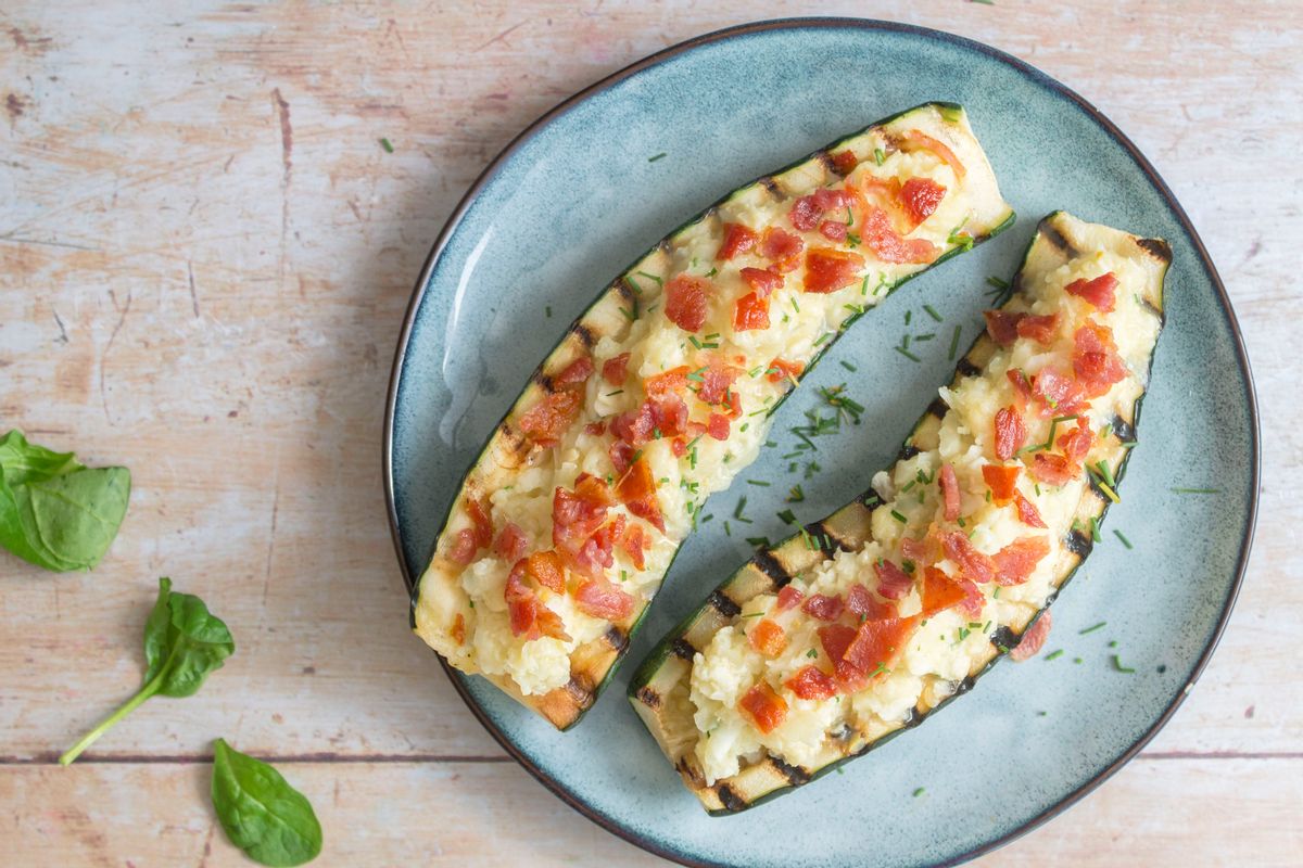 Keto Cheesy Rice Stuffed Zucchini With Bacon