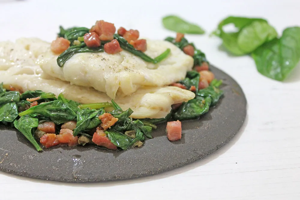 Keto Cod With Pancetta And Caper Spinach