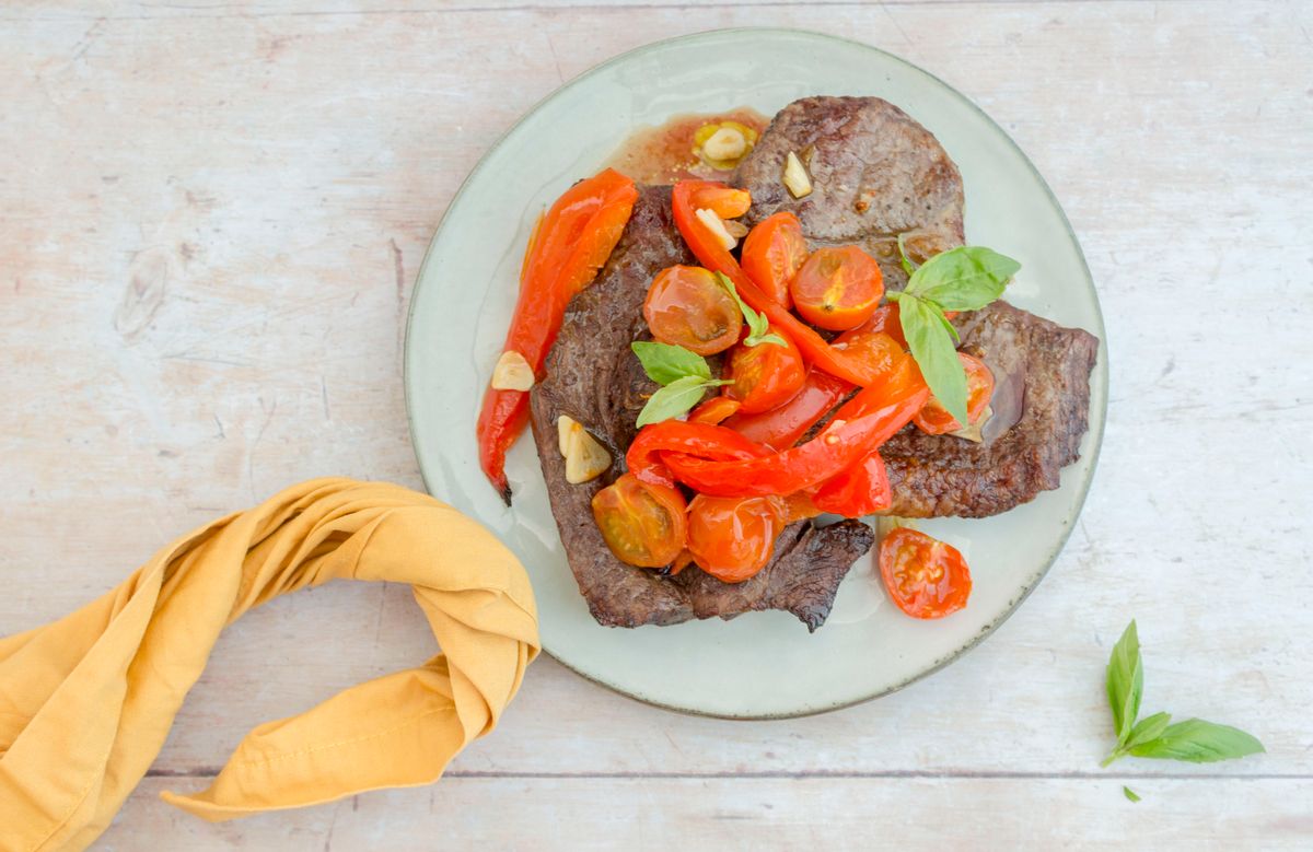 Keto Air Fryer Steak with Roasted Tomatoes and Peppers