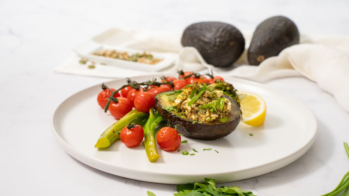 Keto Baked Avocado with Feta, Tomatoes and Broccoli