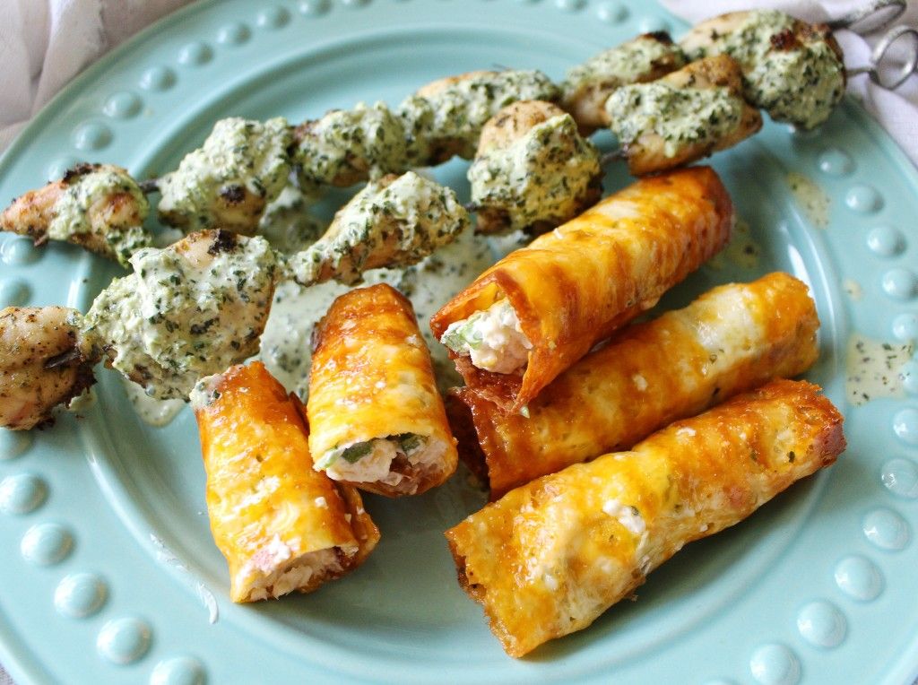 Low Carb Spicy Chicken Skewers w Jalapeno Popper Taquitos