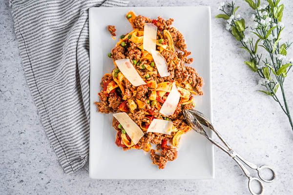 Low Carb Gluten-Free Pappardelle Pasta with Sausage and Peas 