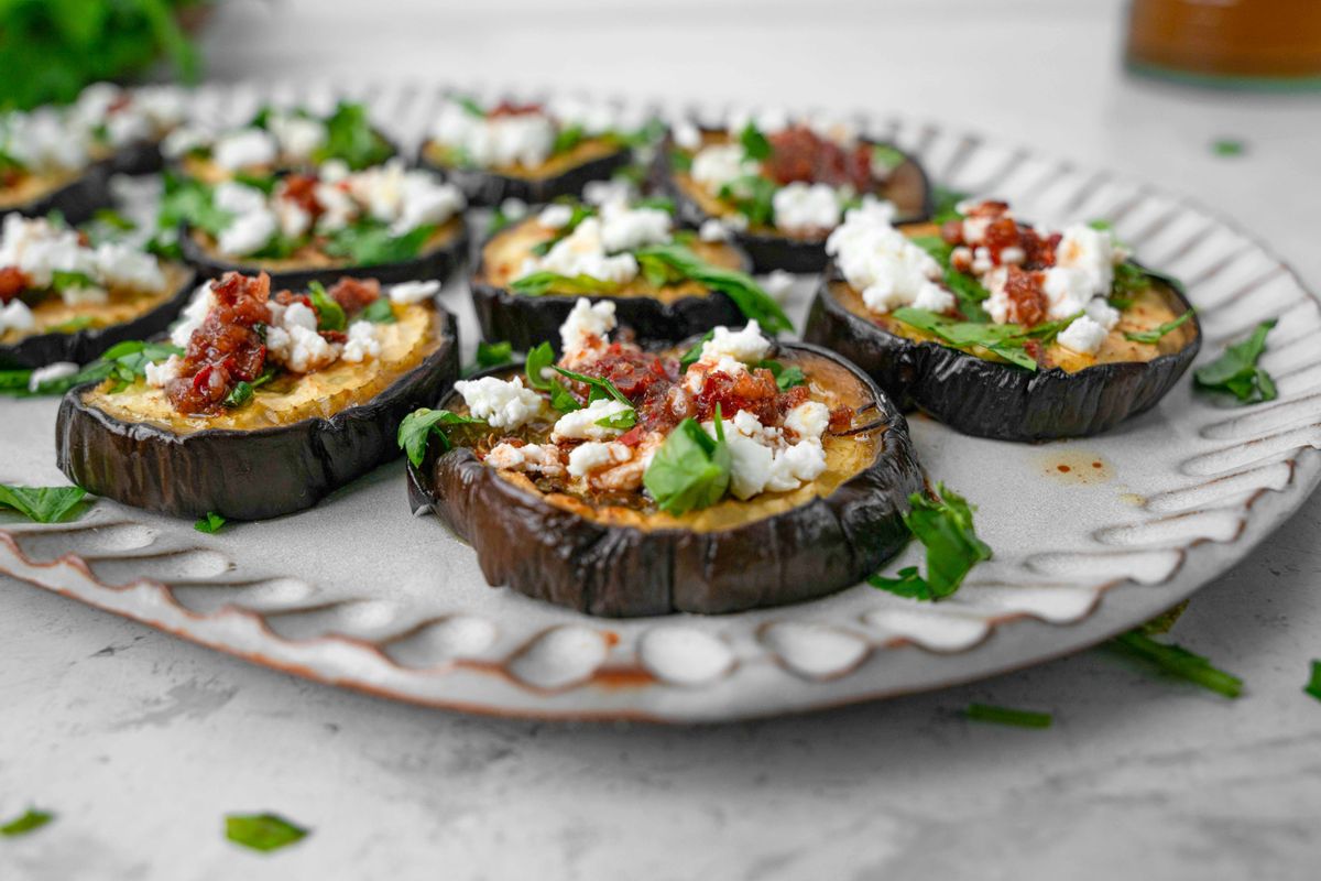 Keto Thanksgiving Roasted Eggplant with Feta and Herbs