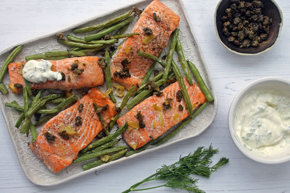 Keto Lemon Roasted Salmon and Green Beans with Crème Fraiche and Crispy Capers