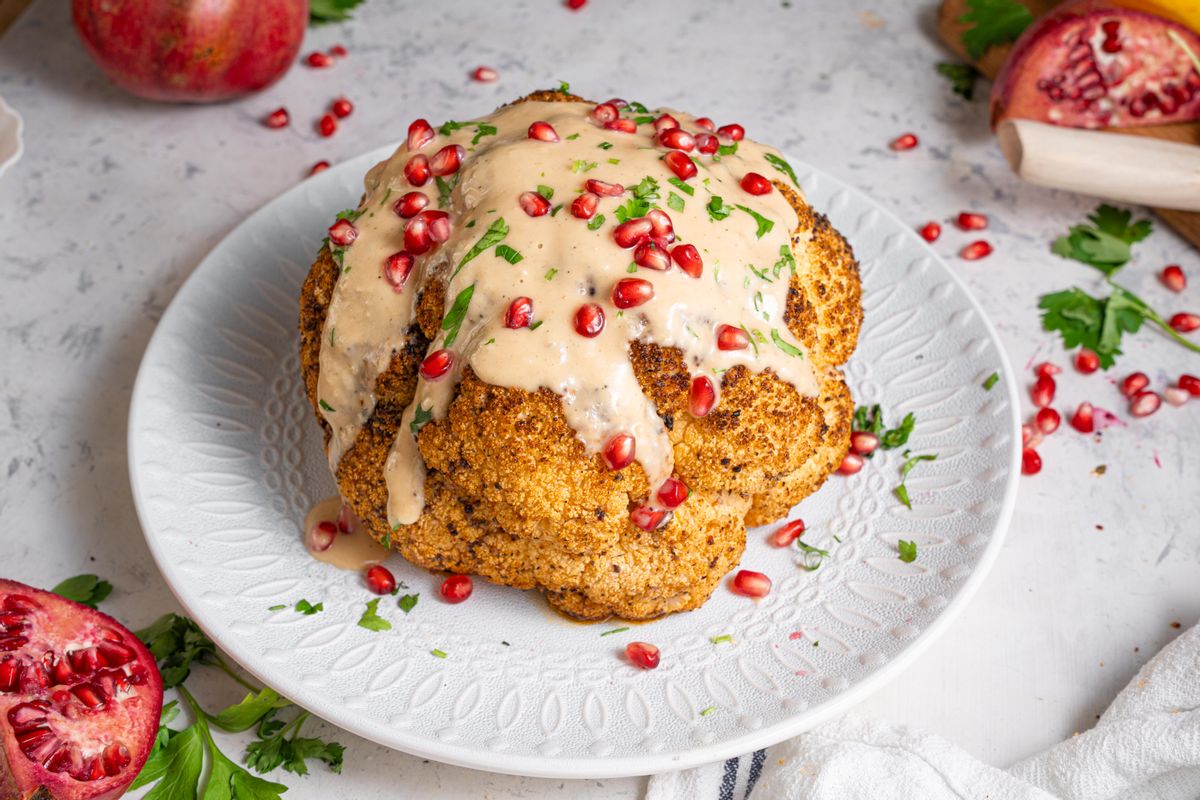 Low-Carb Whole Roasted Cauliflower with Maple Tahini