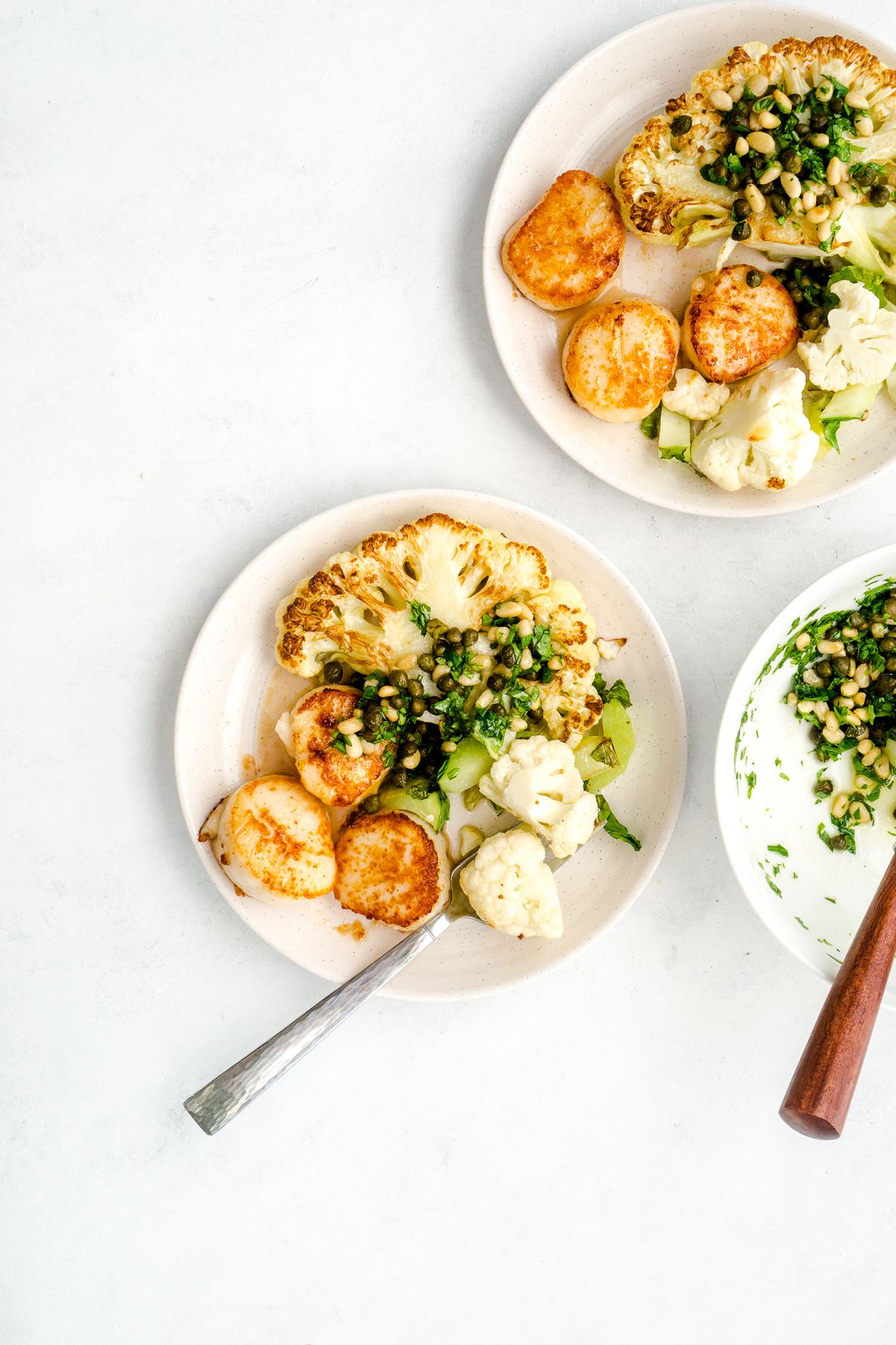 Low Carb Pan Seared Butter Basted Scallops with Roasted Cauliflower Steaks and Capers
