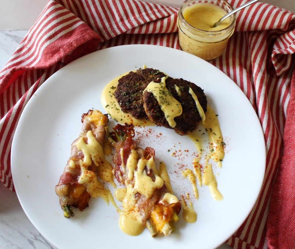 Keto Turkey Sausage Patties w Hollandaise and Cheddar Bacon Asparagus Bundles