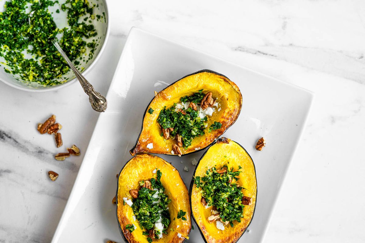 Low Carb Acorn Squash with Gremolata and Pecans