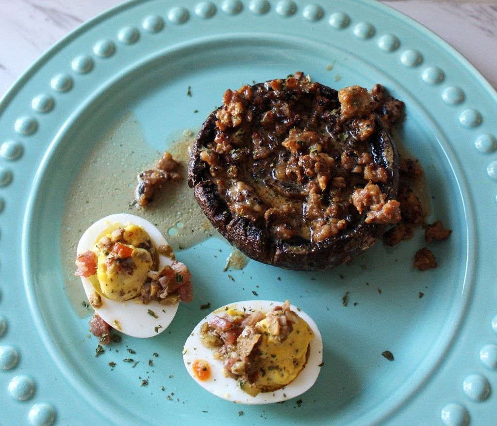 Keto Portobello Mushrooms w Italian Sausage Gravy and Muffuletta Deviled Eggs