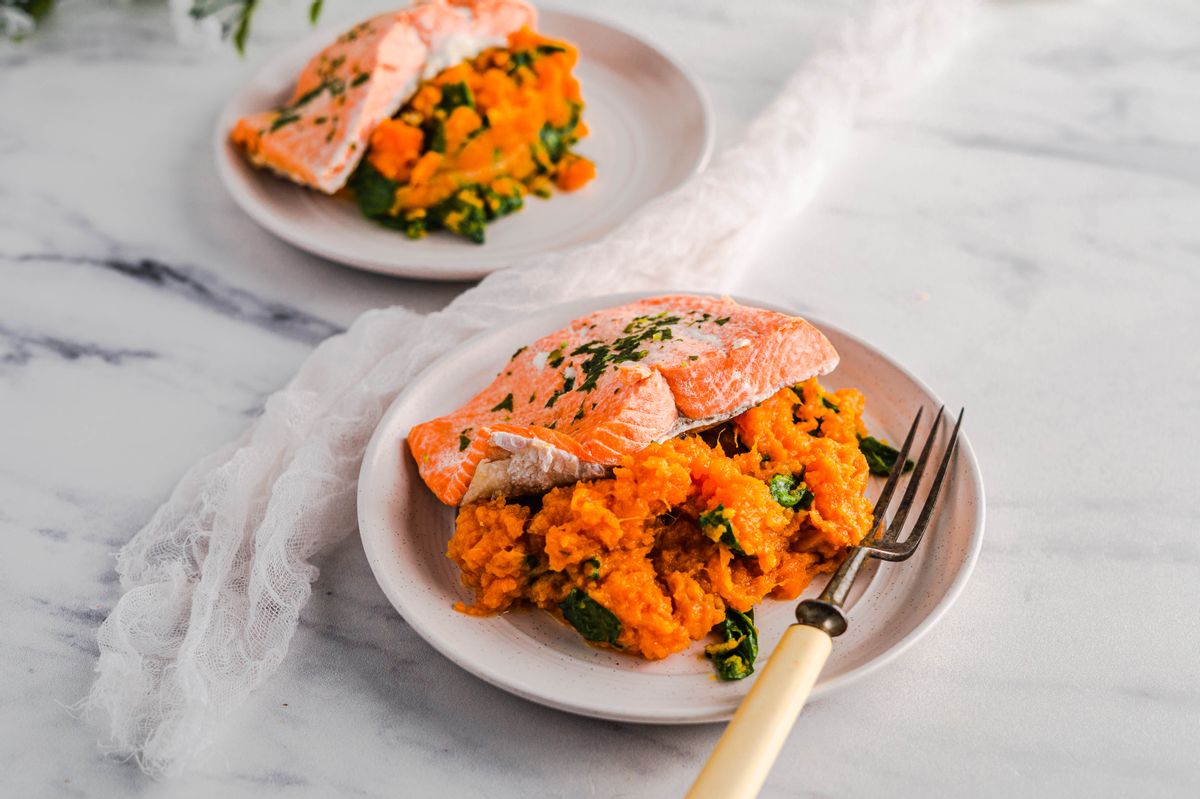 Paleo Instant Pot Garlic Herb Salmon and Sweet Potatoes and Greens