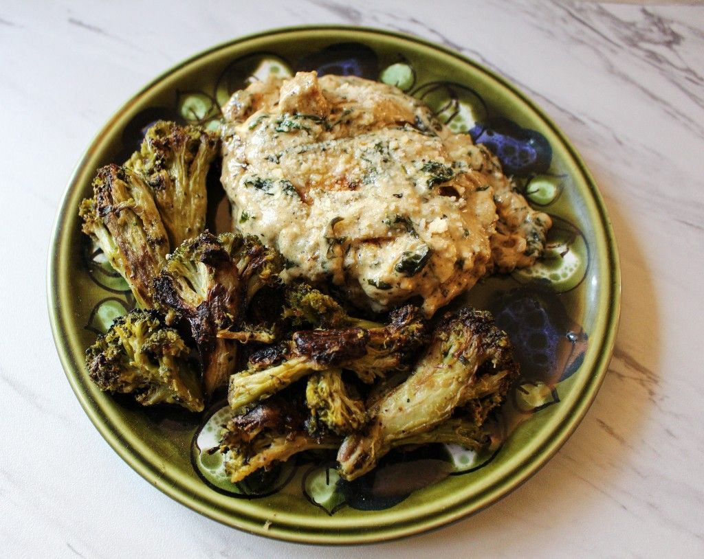 Low Carb Spinach and Artichoke Smothered Chicken w Tarragon Mustard Broccoli