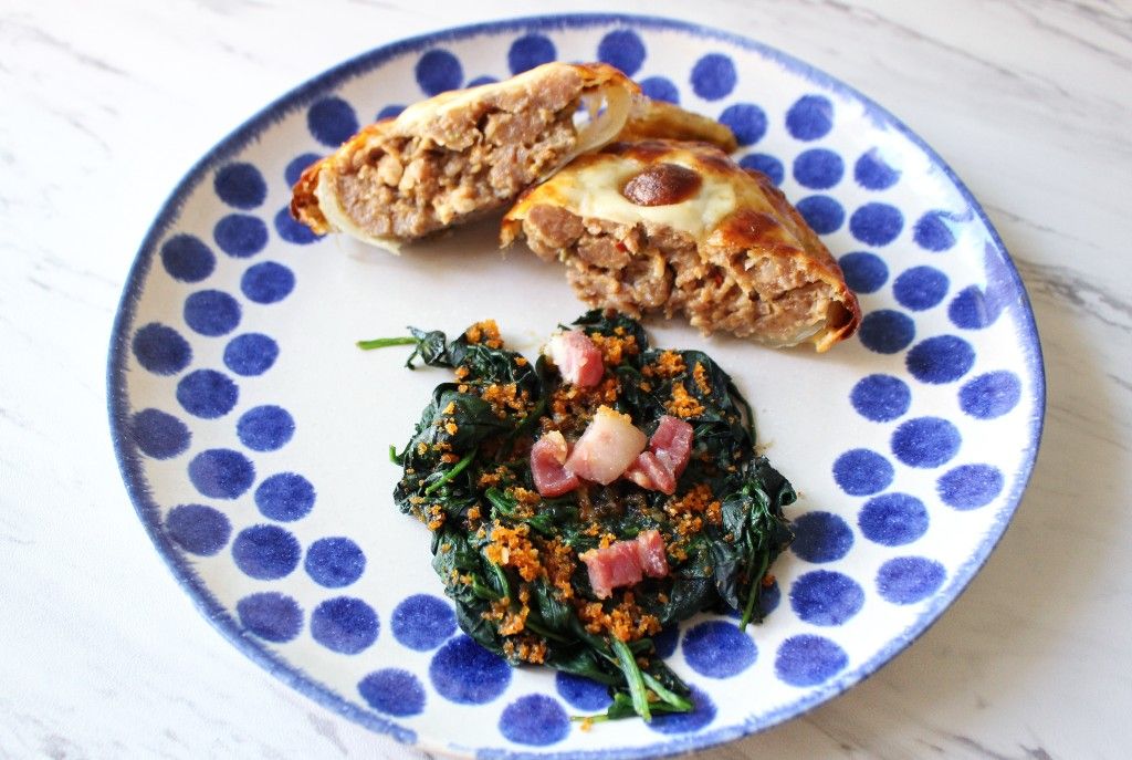 Low Carb Sausage Stuffed Onions w Crispy Pancetta Pork Rind Spinach