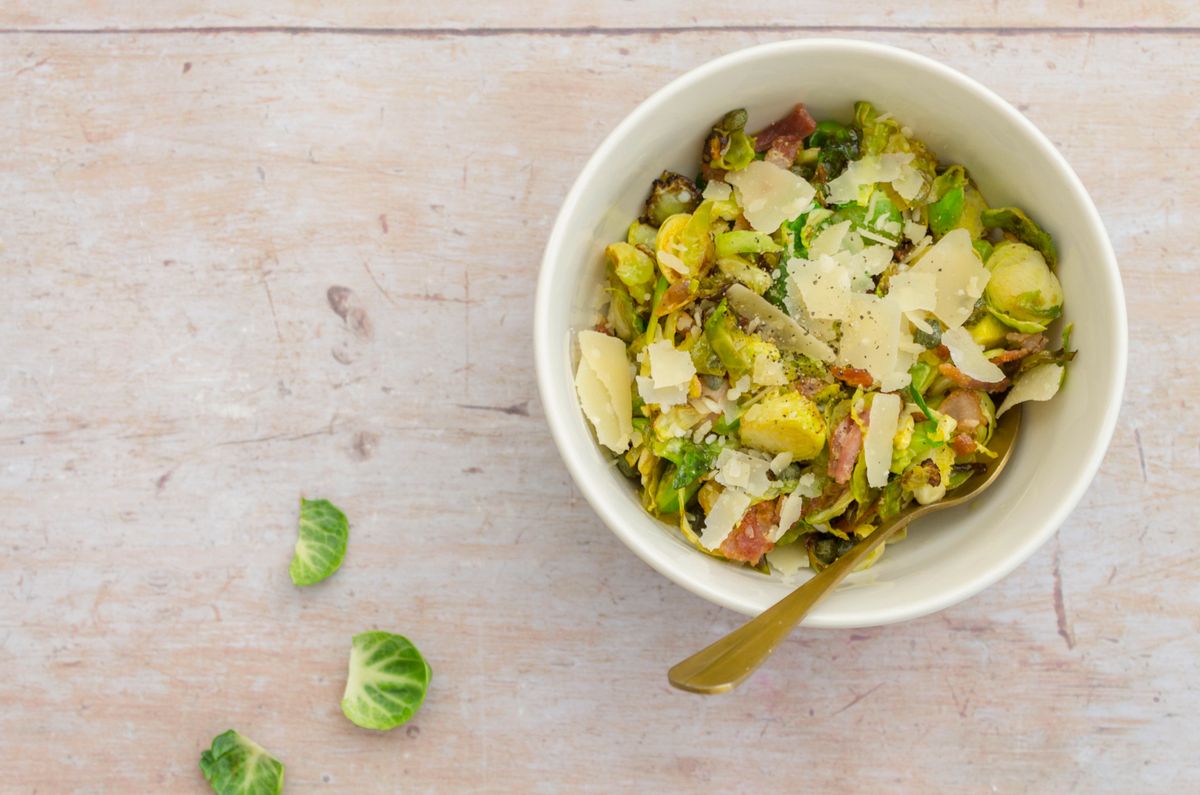 Keto Pan Fried Sprouts with Bacon, Capers and Parmesan 