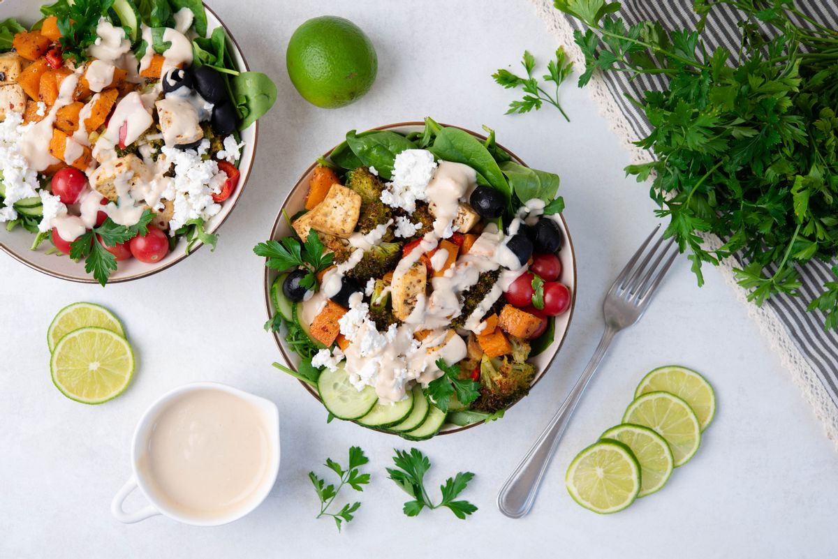 Low Carb Mediterranean Sweet Potato and Tofu Bowl