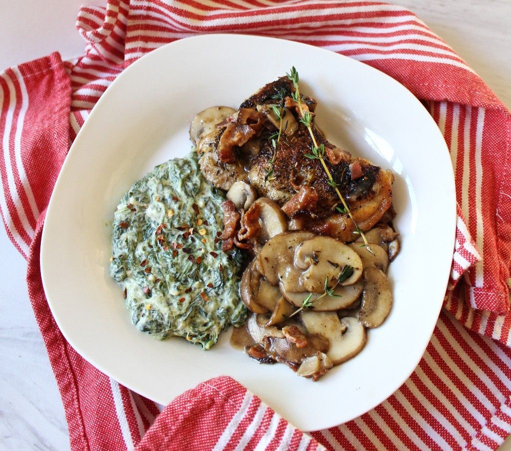 Low Carb Chicken Bacon Mushroom Skillet with Romano Creamed Spinach