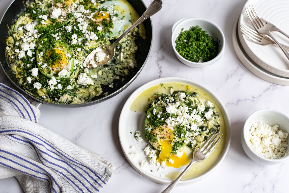 Keto ‘Shakshukado’ Green shakshuka with Avocado, Feta and Dill