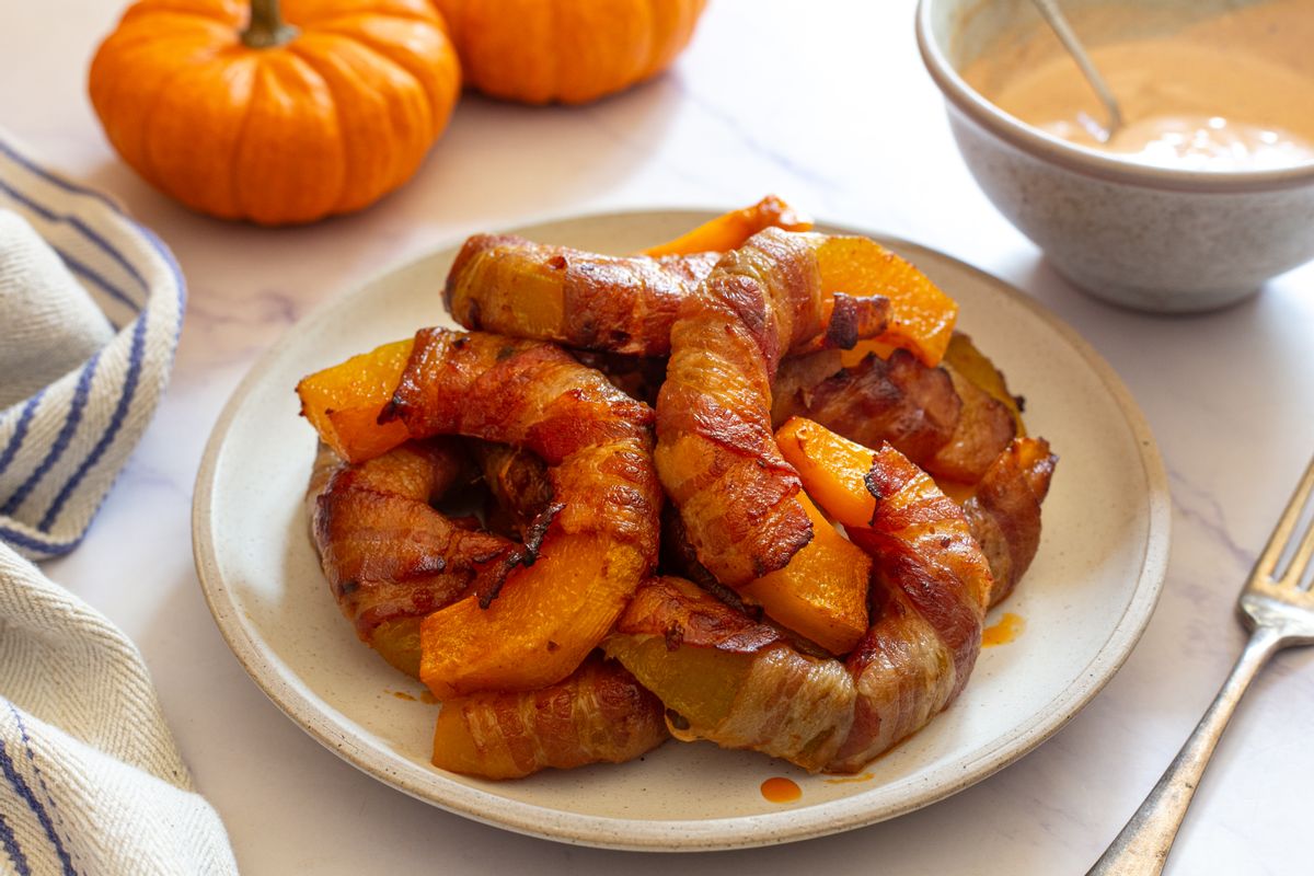 Best Keto Bacon Wrapped Winter Squash with Spicy Dip