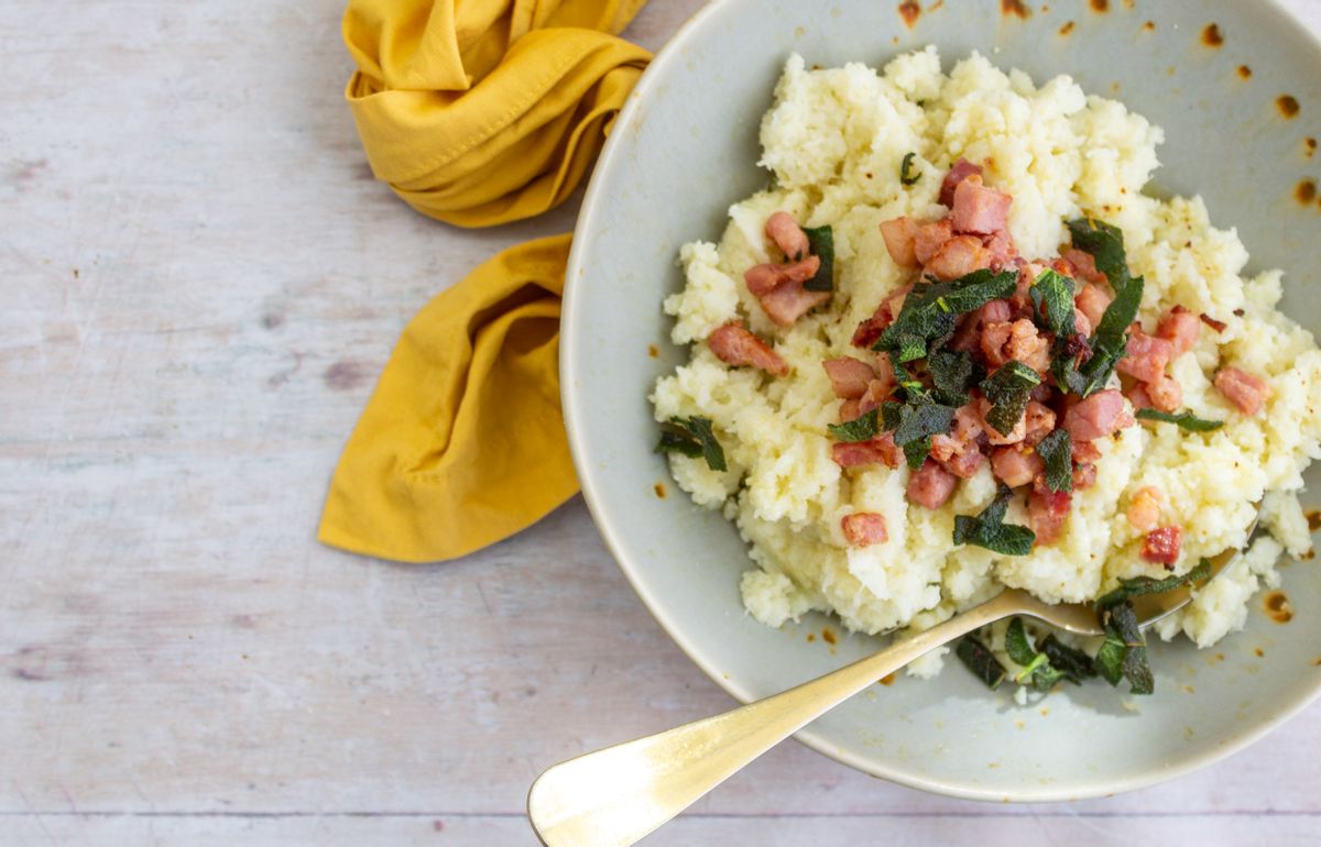 Keto Cauliflower Mash with Pancetta and Crispy Sage