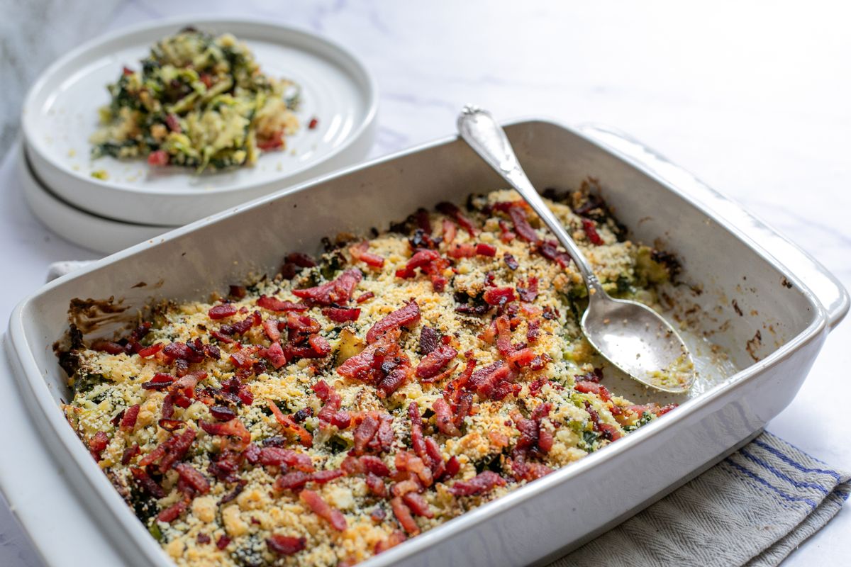 Keto Christmas Zesty Brussels Sprout and Bacon Gratin