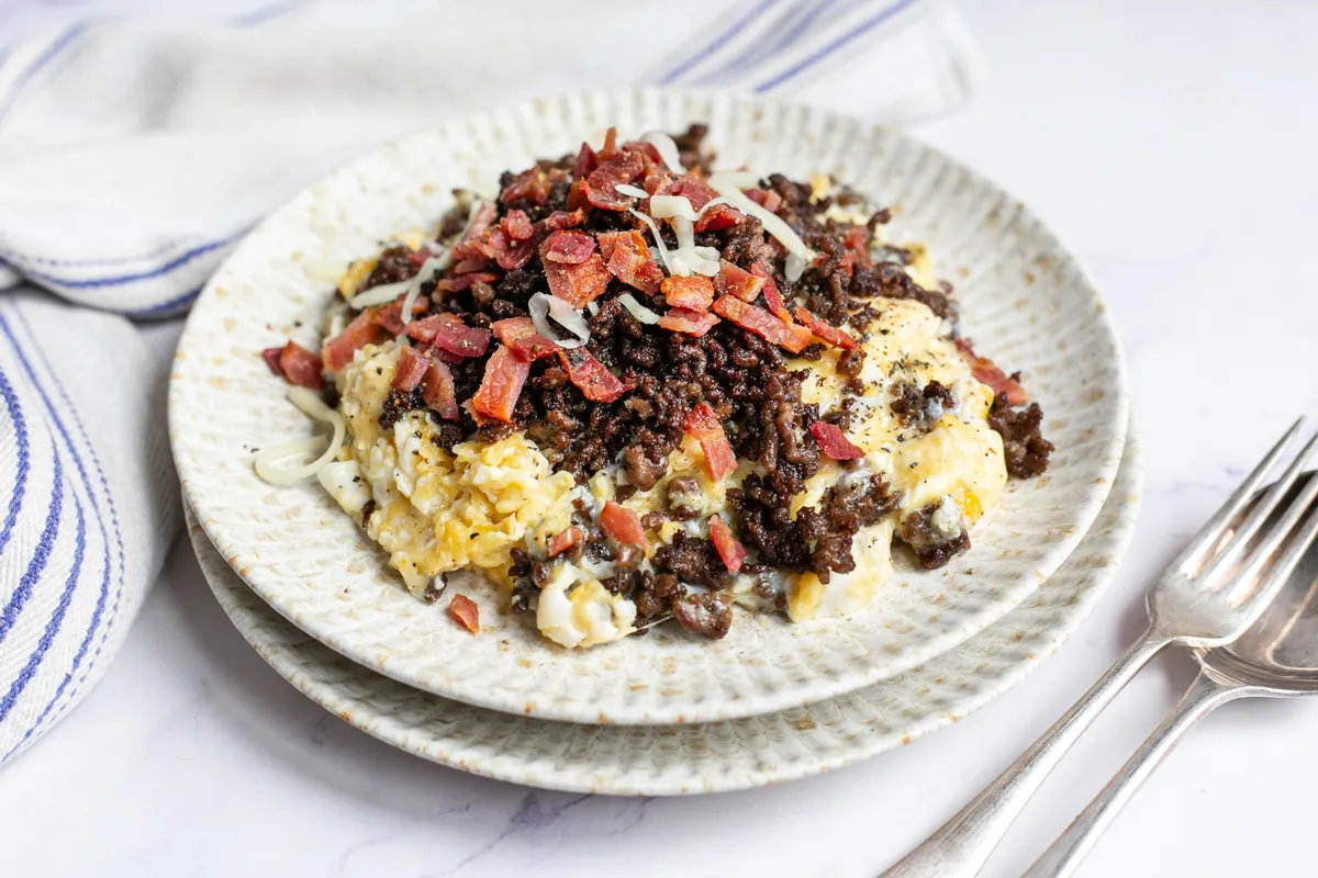 Keto Carnivore Crispy Beef and Bacon Breakfast Hash Scramble