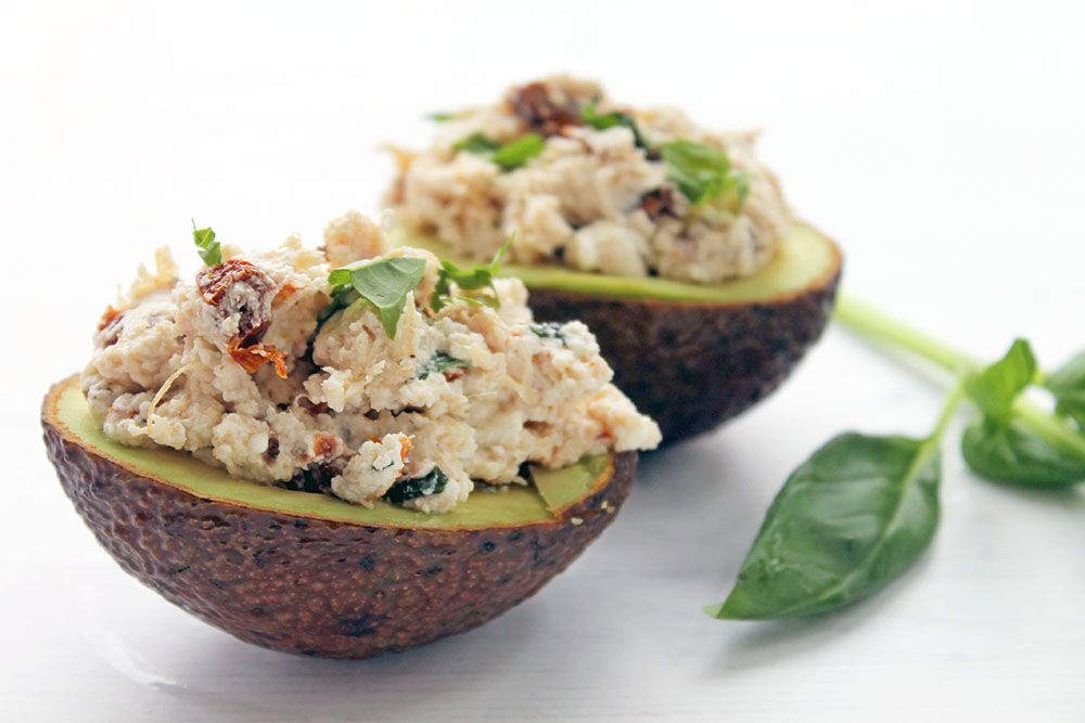 Keto Chicken Ricotta And Sundried Tomato Avocado Boats