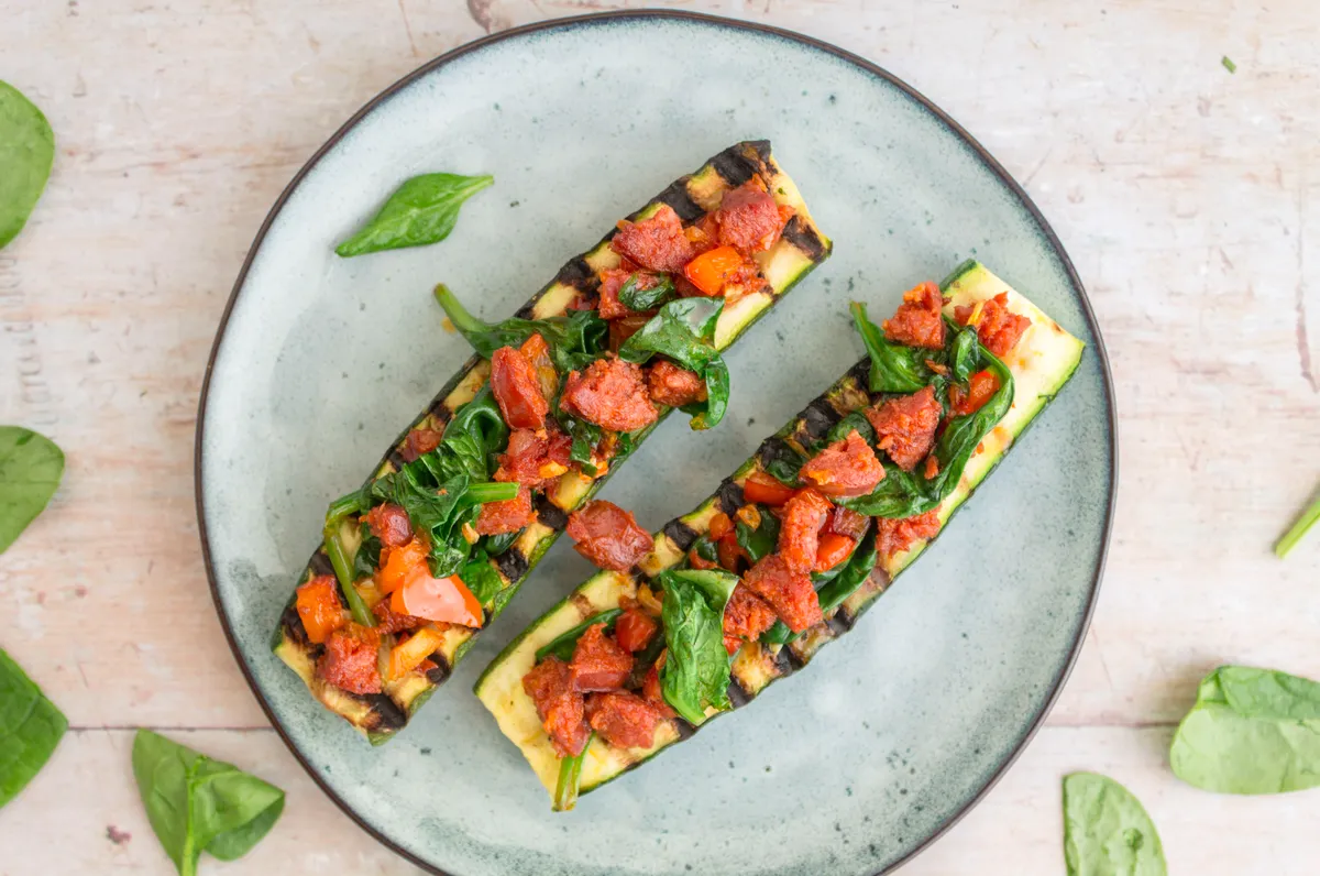 Keto Chorizo, Spinach and Bell Pepper Zucchini Boats