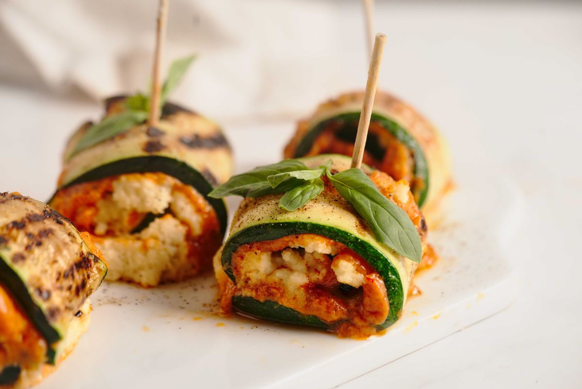 Keto Vegan Zucchini Rolls with Red Pesto and Almond Ricotta