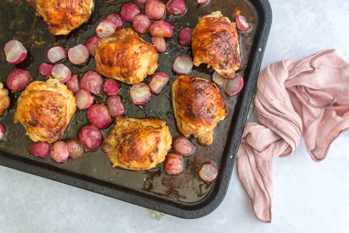 Keto Balsamic Roasted Chicken Thighs with Radishes