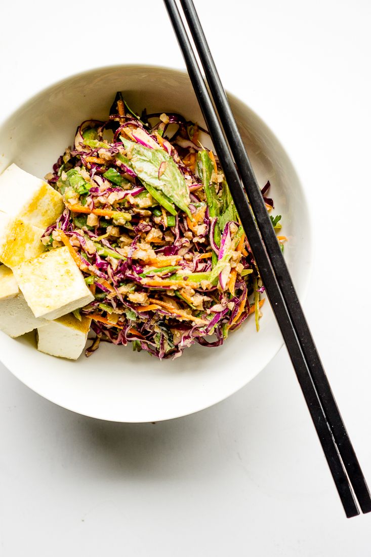 Low Carb Crunchy Thai Almond Salad with Cauliflower Rice + Tofu