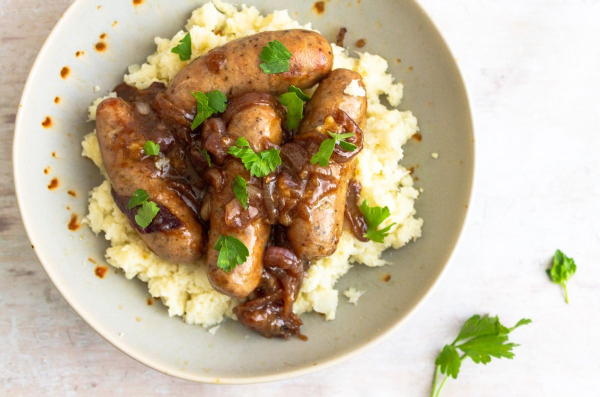 Low Carb Sausage and Mash with Balsamic Onion Gravy