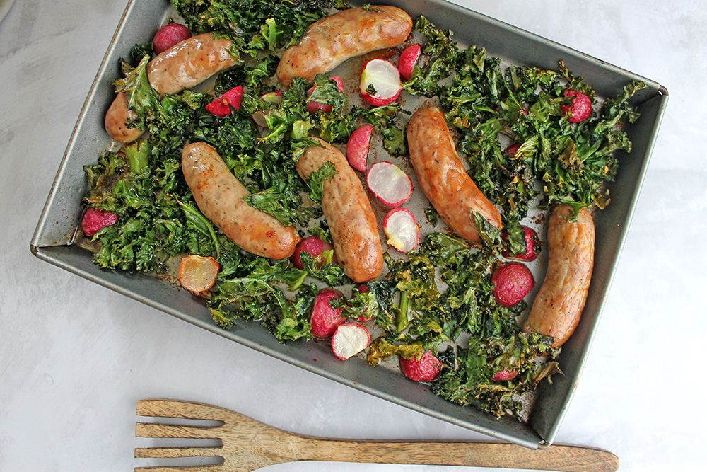 Keto Sausage, Radish and Kale Bake